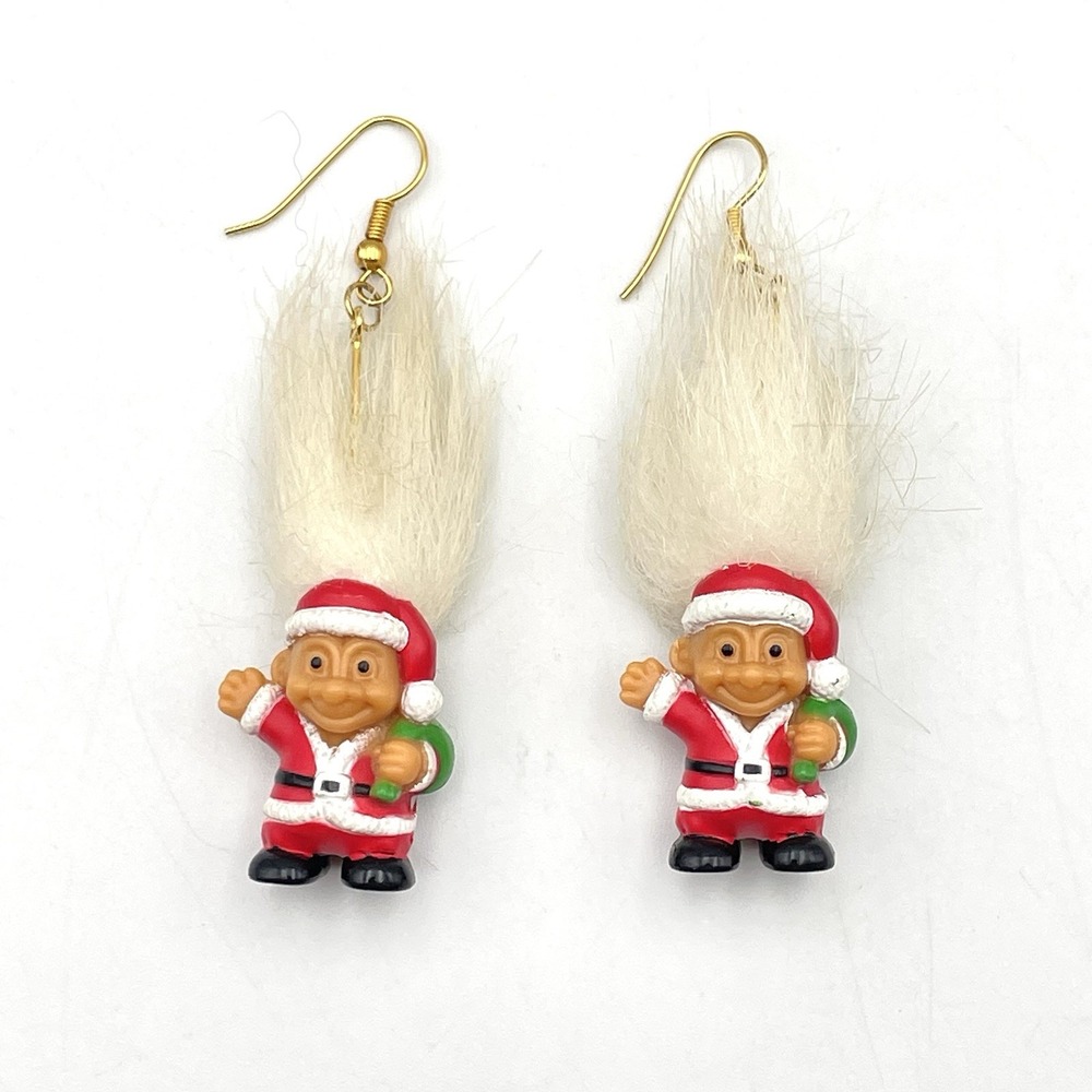 Vintage 1990s Russ Santa Troll Doll Earrings White Hair Christmas Dangle